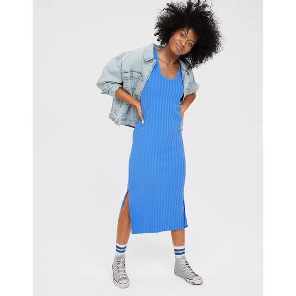Aerie OFFLINE OG Groove Midi Dress Ribbed Royal Blue Small Athleisure Bold - Picture 1 of 7